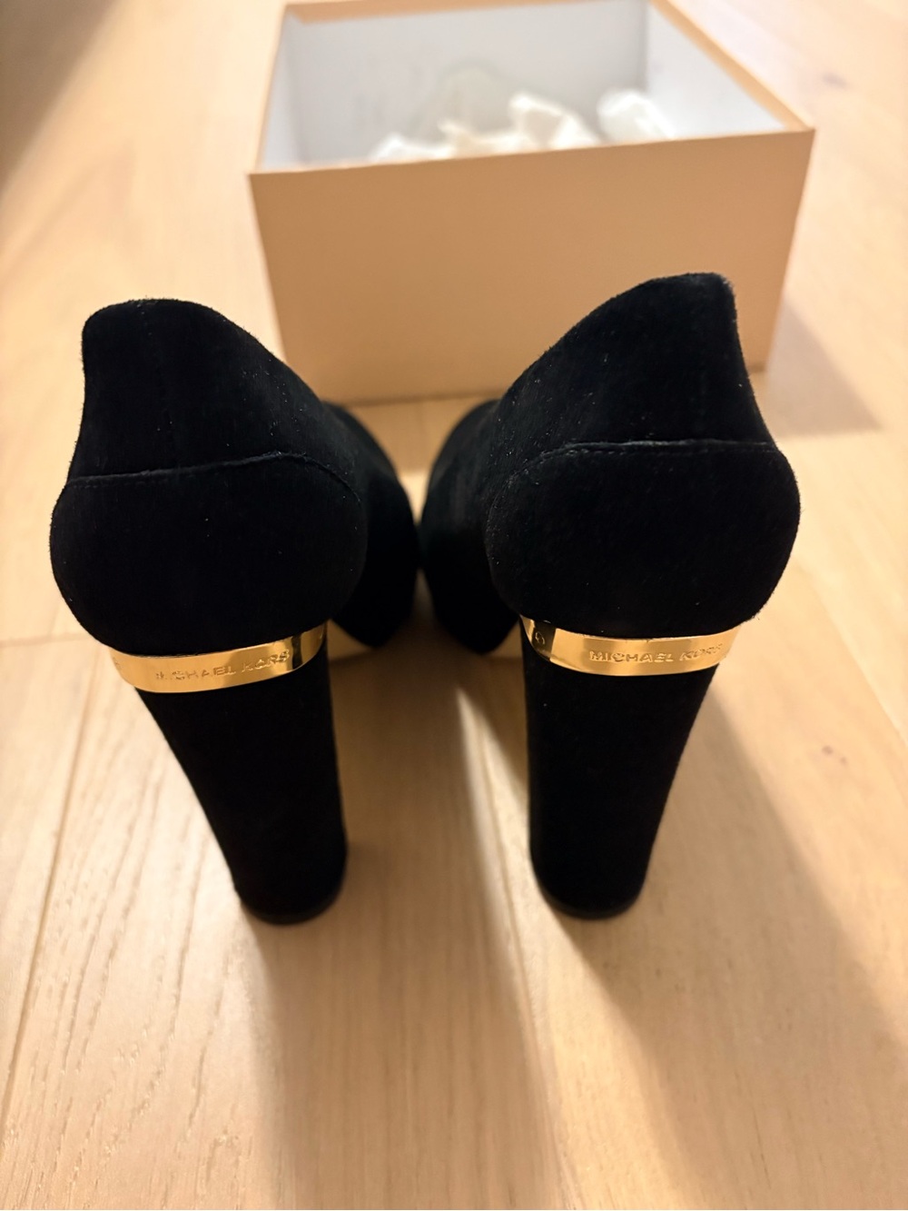 Michael Kors Black Suede Gold-Accent Block Heel Pumps